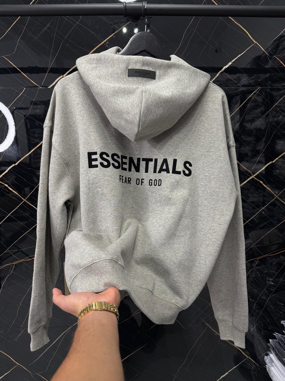 Fear of God ESSENTIALS Heather Grey Hoodie with Black Logo